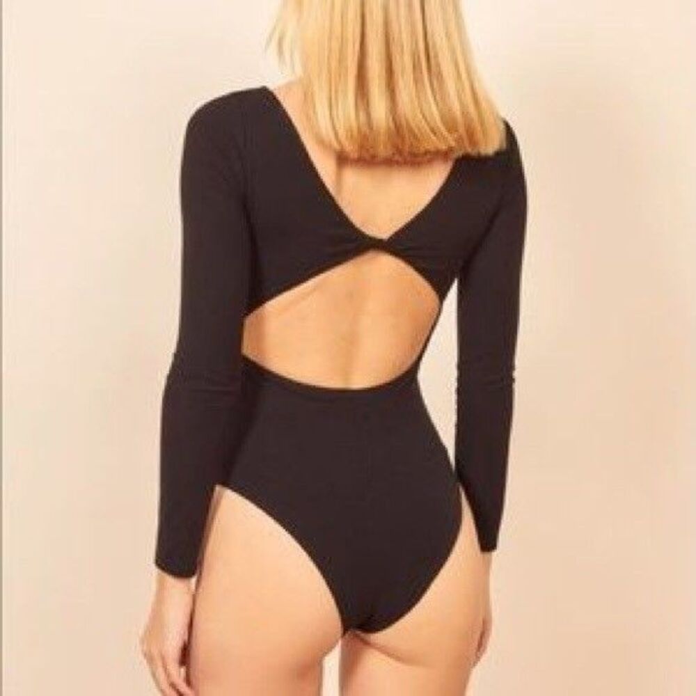 Reformation Boomer Black Open Twisted Back Ribbed Bodysuit Long Sleeve Size L